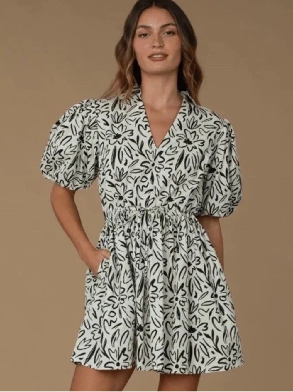 Elizabeth James The Label Daphne Scribble Puff Sleeve Floral Mini Dress Size L